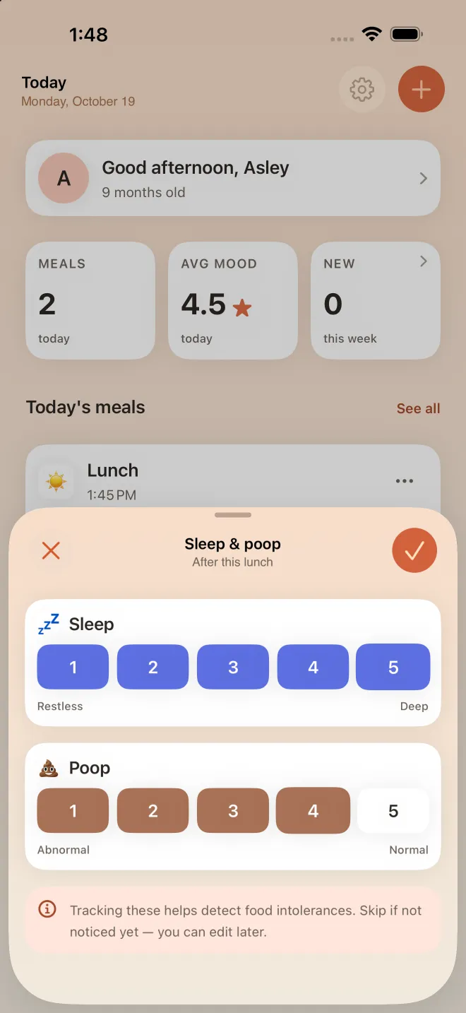 AllerLog 的睡眠与大便评分：午餐后，给睡眠（从不安稳到深沉）和大便（从异常到正常）打分